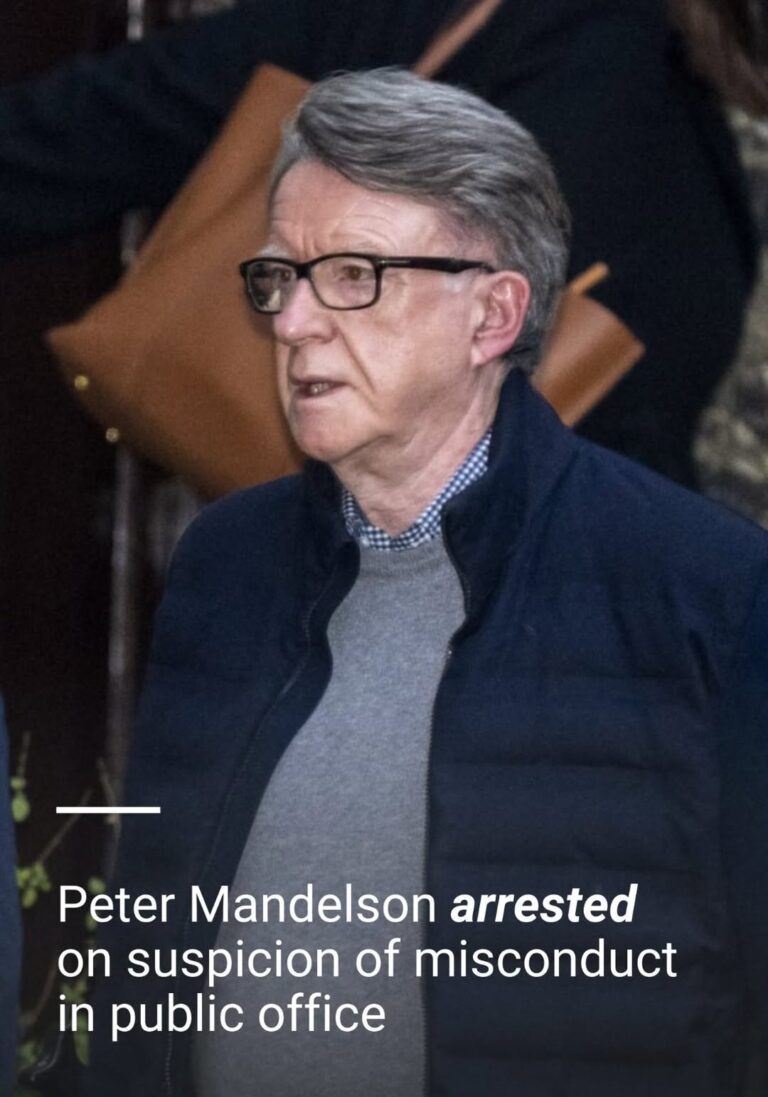 Peter Mandelson bailed after arrest on suspicion of misconduct in public office